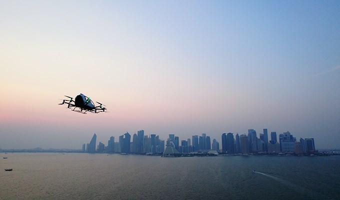 EHang EH216-S Conducts First Urban Human-Carrying Pilotless eVTOL Flights in the Middle East, Partnering with Qatar's Ministry of Transport  EHang &copy;