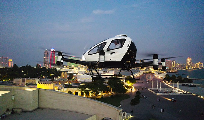 EHang EH216-S Conducts First Urban Human-Carrying Pilotless eVTOL Flights in the Middle East, Partnering with Qatar's Ministry of Transport  EHang &copy;