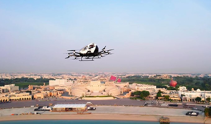 EHang EH216-S Conducts First Urban Human-Carrying Pilotless eVTOL Flights in the Middle East, Partnering with Qatar's Ministry of Transport  EHang &copy;