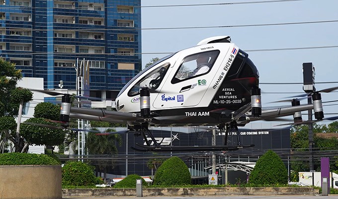 1st Urban Sandbox Human-Carrying Flight of Pilotless eVTOL with CAAT Director-General Aboard  EHang &copy;