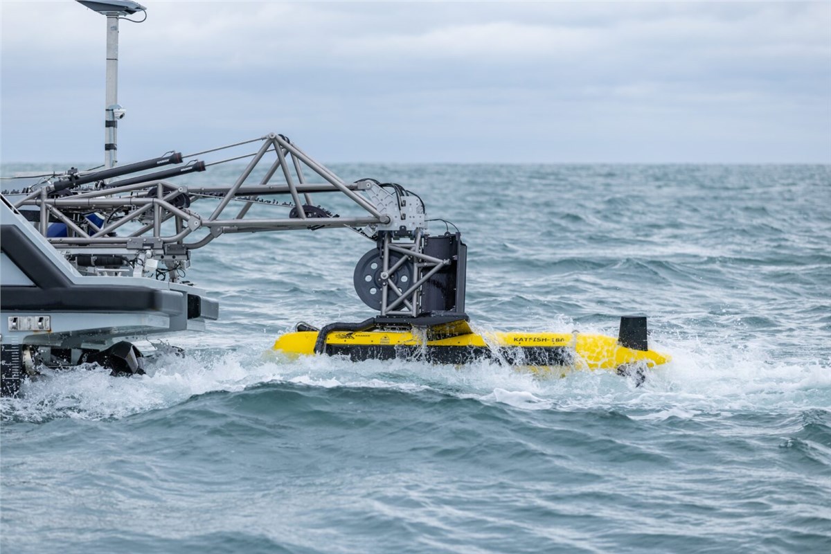 Kraken Robotics and TKMS ATLAS UK Demo KATFISH USV Launch and Recovery System on an in-service UK Royal Navy ARCIMS USV  Kraken Robotics Inc. &copy;