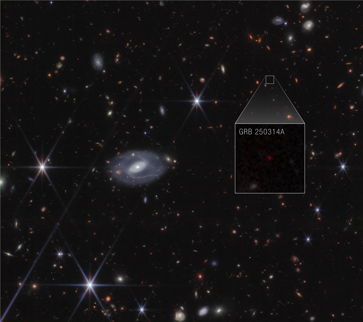 Webb Identifies Earliest Supernova to Date GRB 250314A Pull-out (NIRCam image) NASA, ESA, CSA, STScI, A. Levan (IMAPP), Image Processing: A. Pagan (STScI)  &copy;