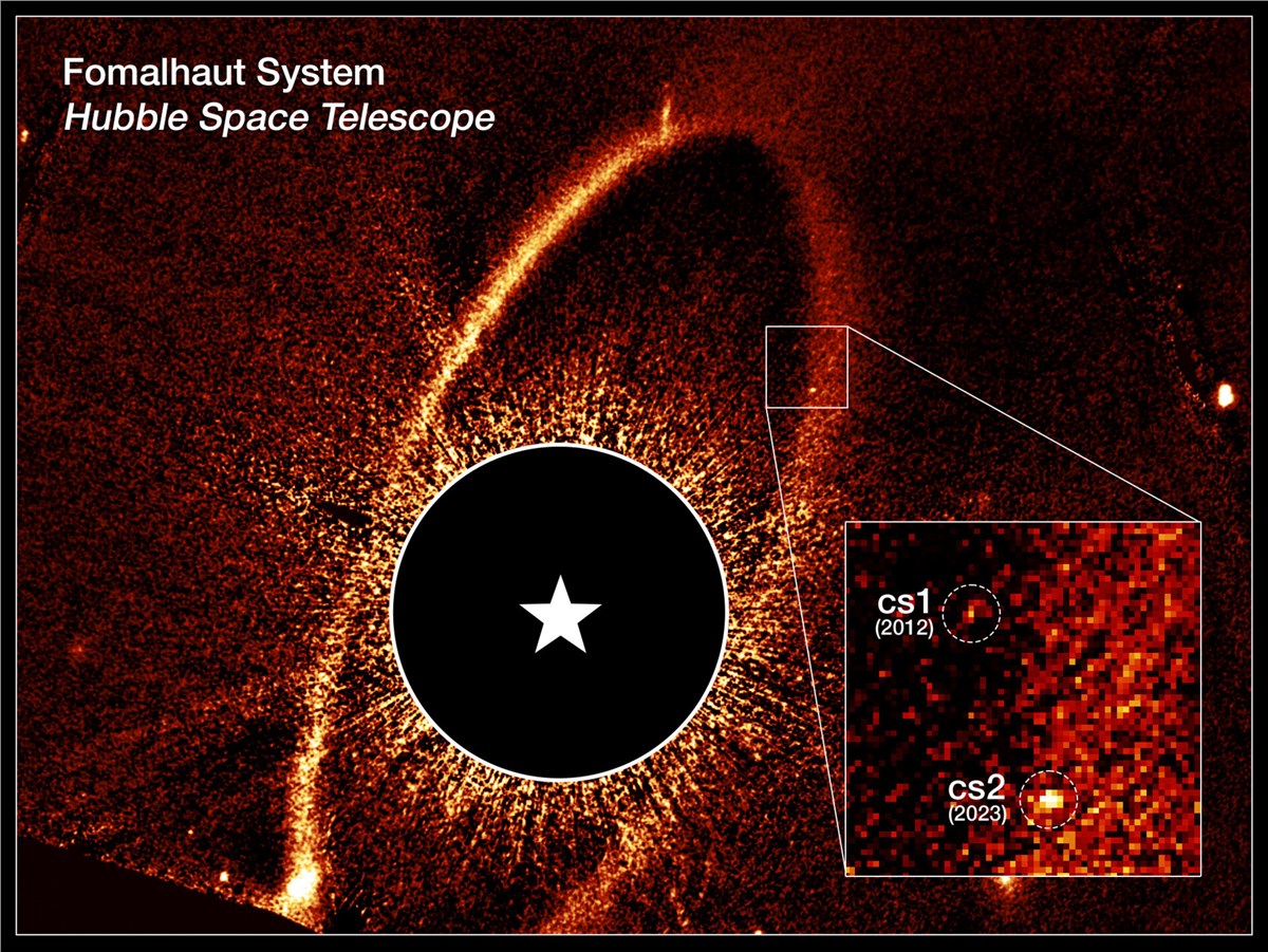 Hubble Sees Asteroids Colliding Around Nearby Star Fomalhaut cs1 and cs2 (annotated) NASA, ESA, P. Kalas (UC Berkeley), J. DePasquale (STScI)  &copy;
