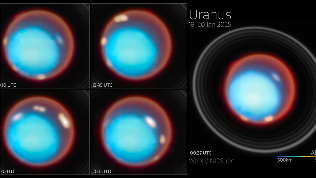 Webb Maps Uranus's Mysterious Upper Atmosphere Uranus collage (January 2025, annotated) ESA/Webb, NASA, CSA, STScI, P. Tiranti, H. Melin, M. Zamani (ESA/Webb)  &copy;