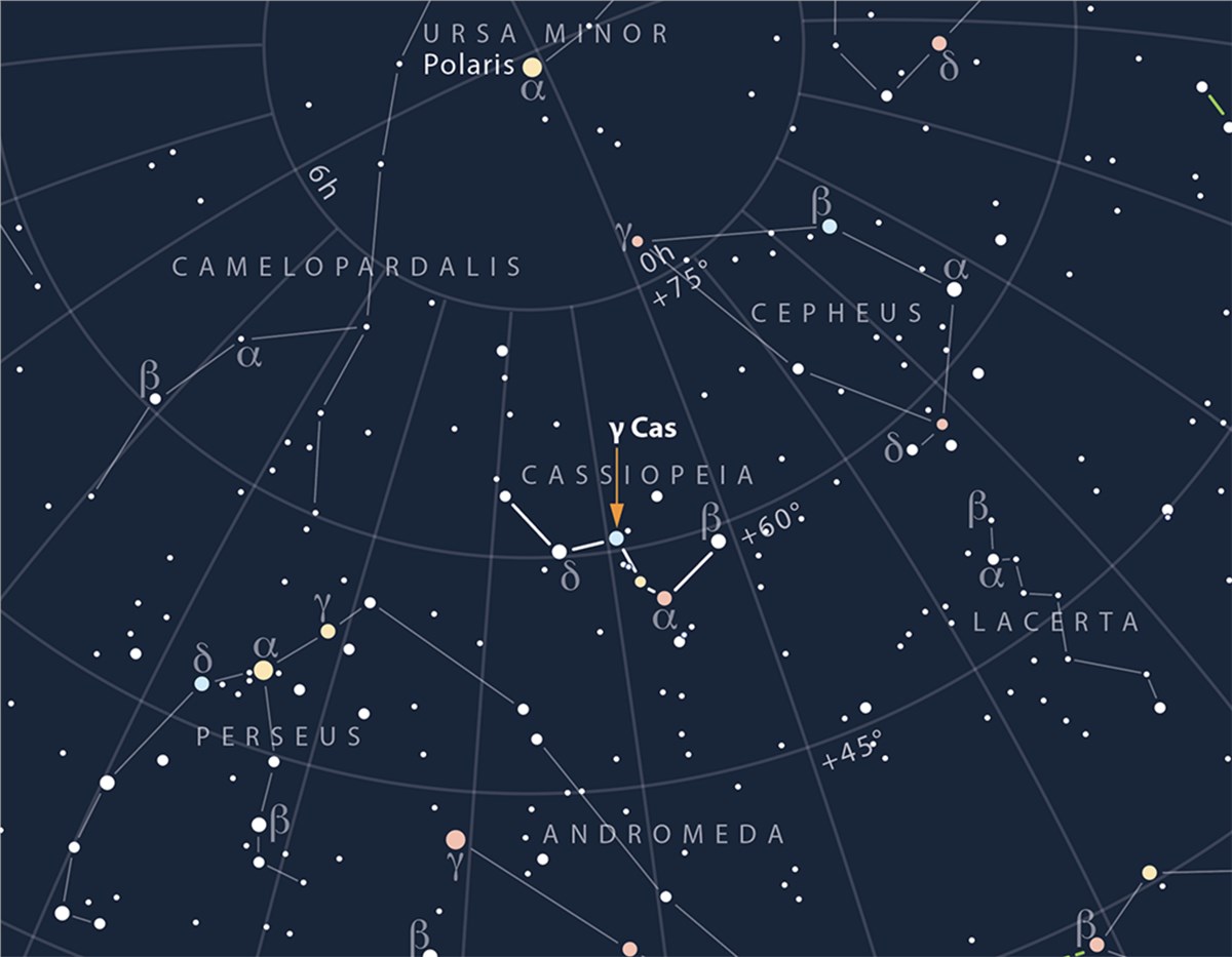 XRISM Solves Famous Star's 50-year Mystery Where to find gamma-Cas in the night sky Astronomy Now/Greg Smye-Rumsby - https://astronomynow.com &copy;