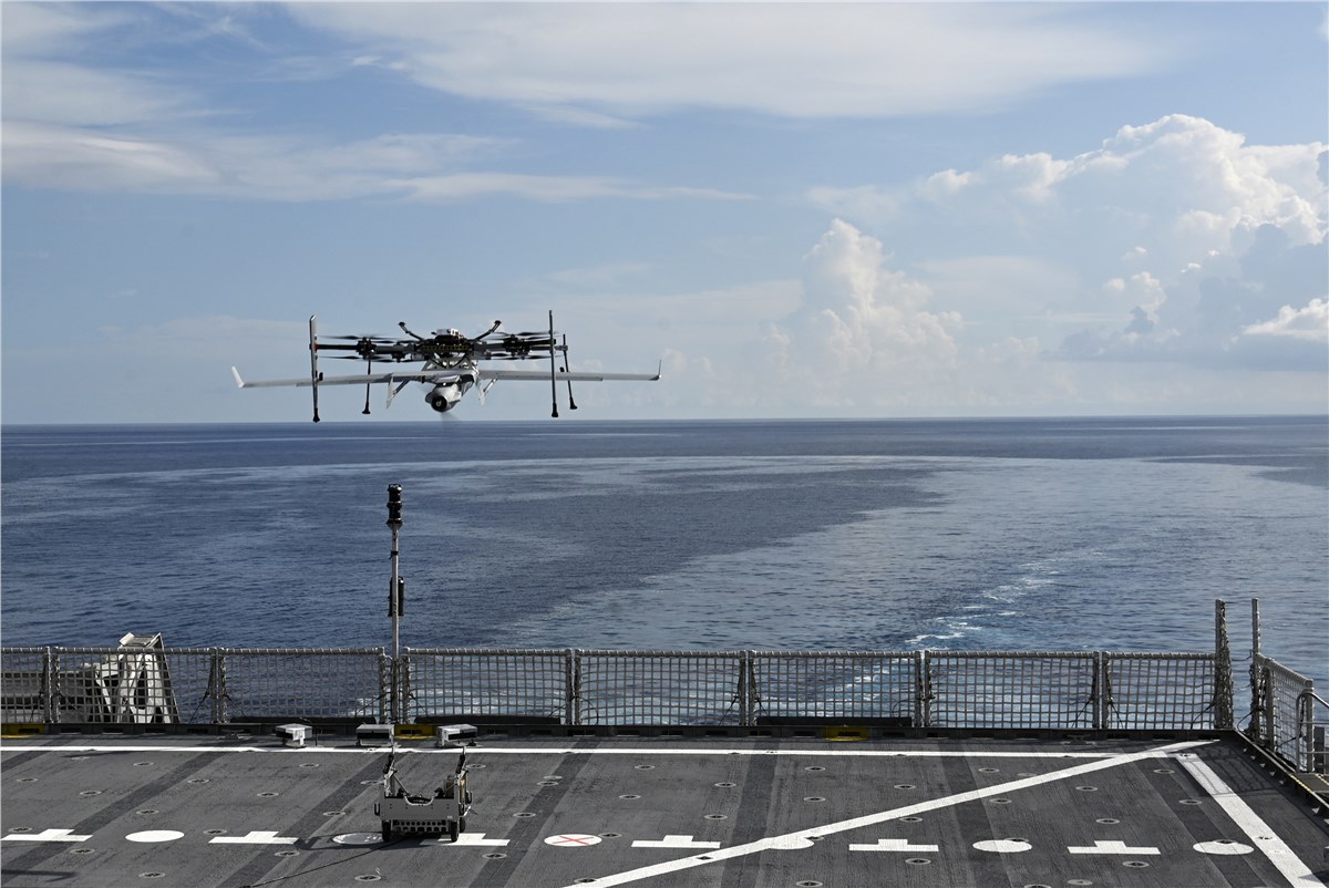 Insitu's ScanEagle and Integrator UAS Selected by US Navy to Deliver ISR Services with Advanced AI-Assisted Payloads Integrator VTOL UAS launches from a US Navy vessel Insitu &copy;