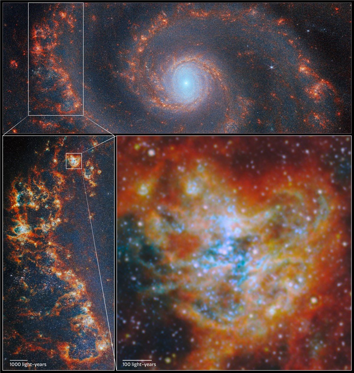 Webb & Hubble Find Massive Star Clusters Emerge Faster Location of star-forming region in M51 ESA/Webb, NASA & CSA, A. Pedrini, A. Adamo (Stockholm University) and the FEAST JWST team &copy;